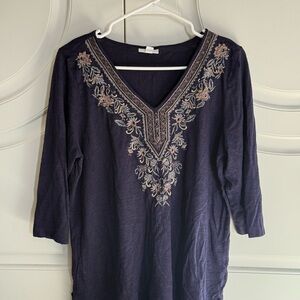 J. Jill Navy Floral Embroidered V-Neck Tunic